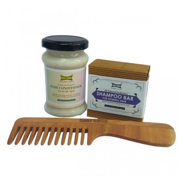 Goli Soda: Natural Probiotics Conditioner, Shampoo Bar & Neem Wood Comb - Wide Tooth With Handle - Image 2