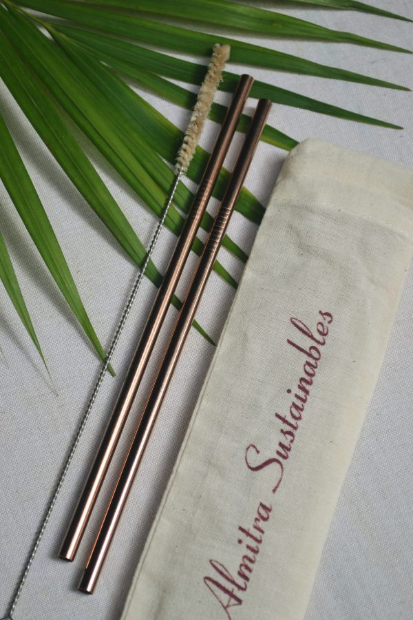 Almitra Sustainables : Reusable Copper Straw (Straight) Pack of 2 with Cleaner