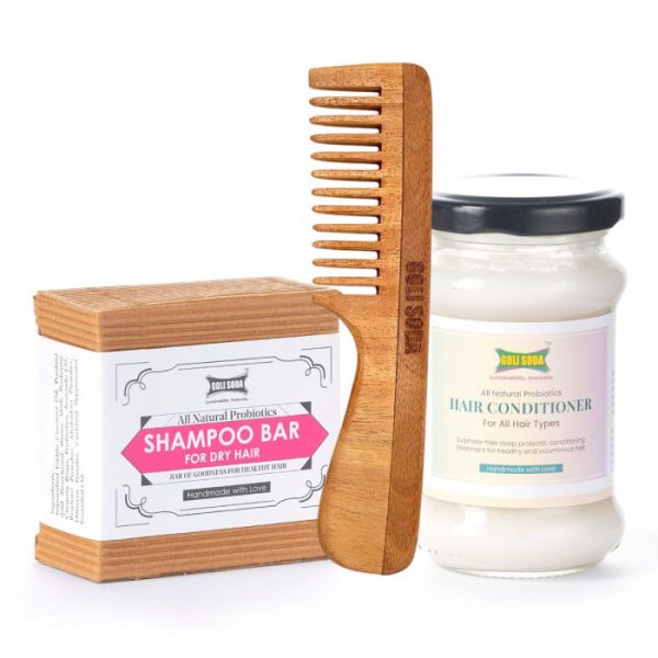 Goli Soda: Natural Probiotics Conditioner, Shampoo Bar & Neem Wood Comb - Wide Tooth With Handle