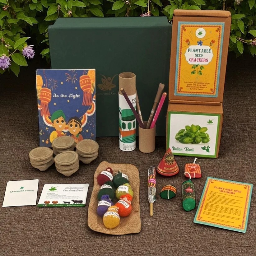Sow and Grow : Ultimate MegaBox: Plantable Crackers + Gardening Kit + 7 Seed Balls + Organic Cow Dung Diya + Diary + 2 Plantable Pens and Pencils Regular.