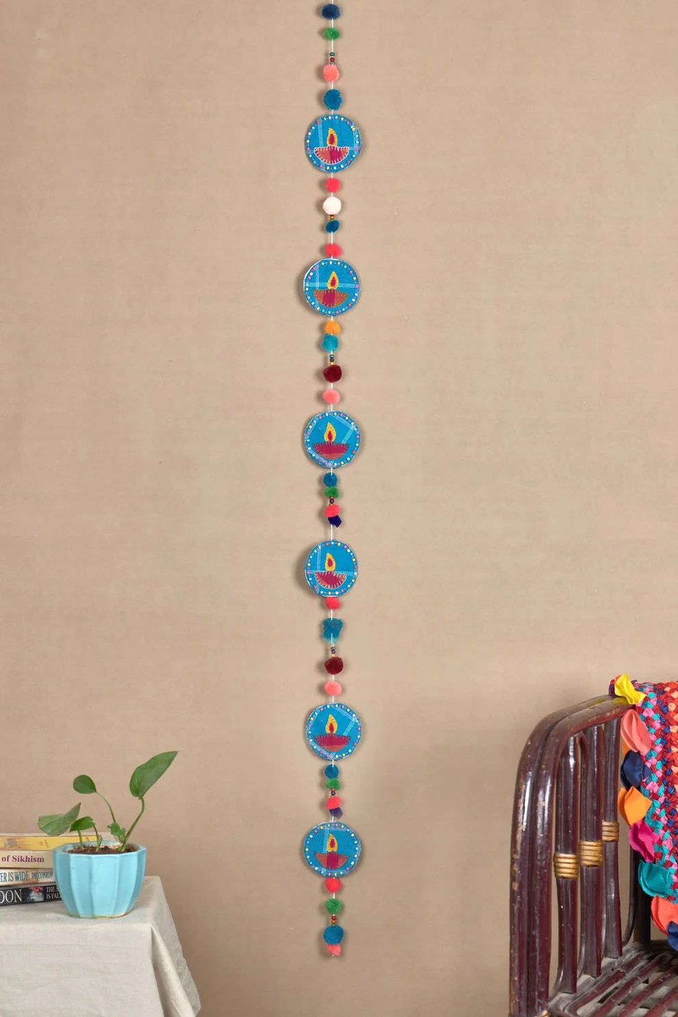 Use Me: Upcycled Handmade Fabric PomPom Diya String Festive Decoration Hanging Prop.
